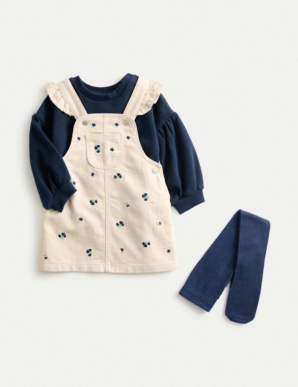 M&S 3pc Cotton Rich Floral Dress with Tights (0-6 Yrs) Cream Mix