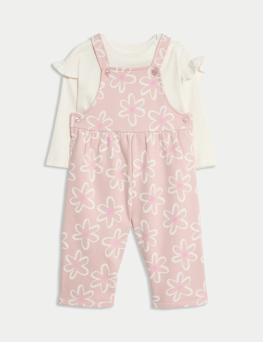 M&S 2pc Cotton Rich Floral Dungaree Outfit (0 Mths - 3 Yrs) Pink