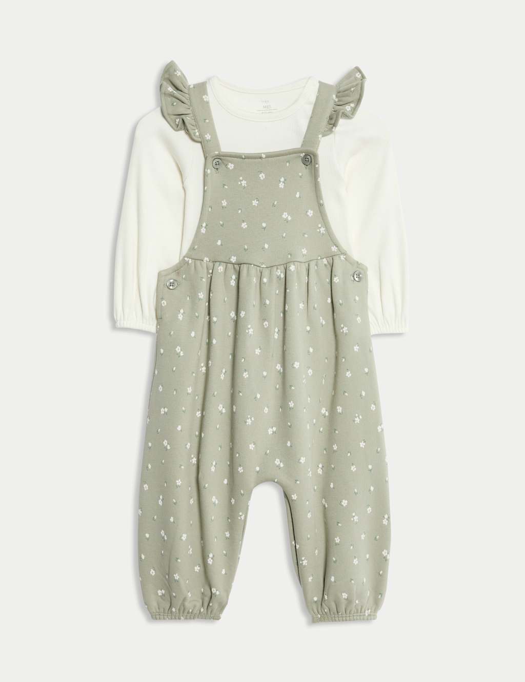 M&S 2pc Cotton Rich Patterned Dungaree Outfit (0 Mths - 3 Yrs) Green Mix