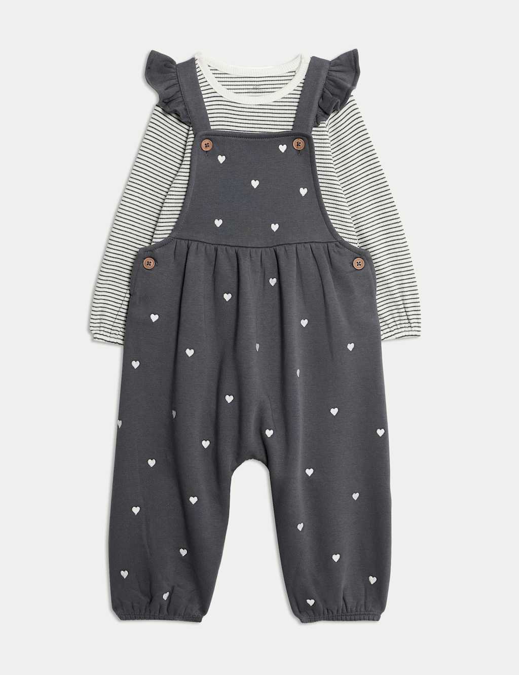 M&S 2pc Cotton Rich Ditsy Dungaree Outfit (0 Mths - 3 Yrs) Charcoal Mix