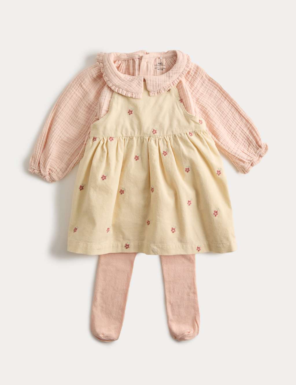 M&S 3pc Cotton Rich Cord Pinny Outfit (0-3 Yrs) Cream Mix