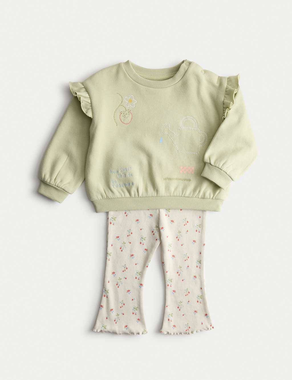 M&S 2pc Cotton Rich Embroidered Sweat Outfit (0-3 Yrs) Green Mix