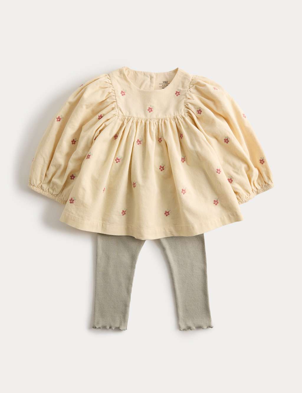 M&S 2pc Cotton Rich Floral Embroidered Outfit (0 Mths-6 Yrs) Ivory Mix