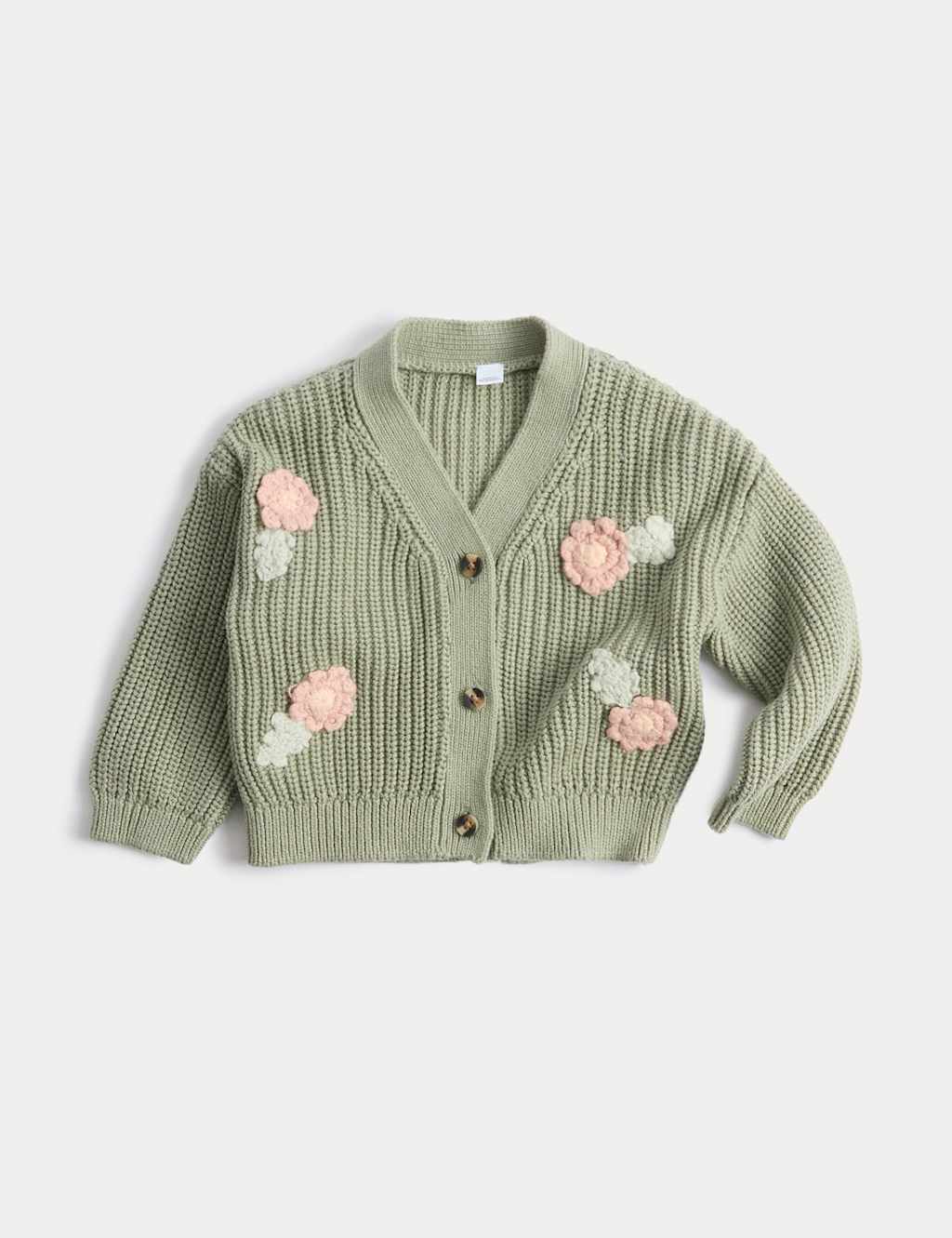 M&S Pure Cotton Knitted Flower Cardigan (0-3 Yrs) Green