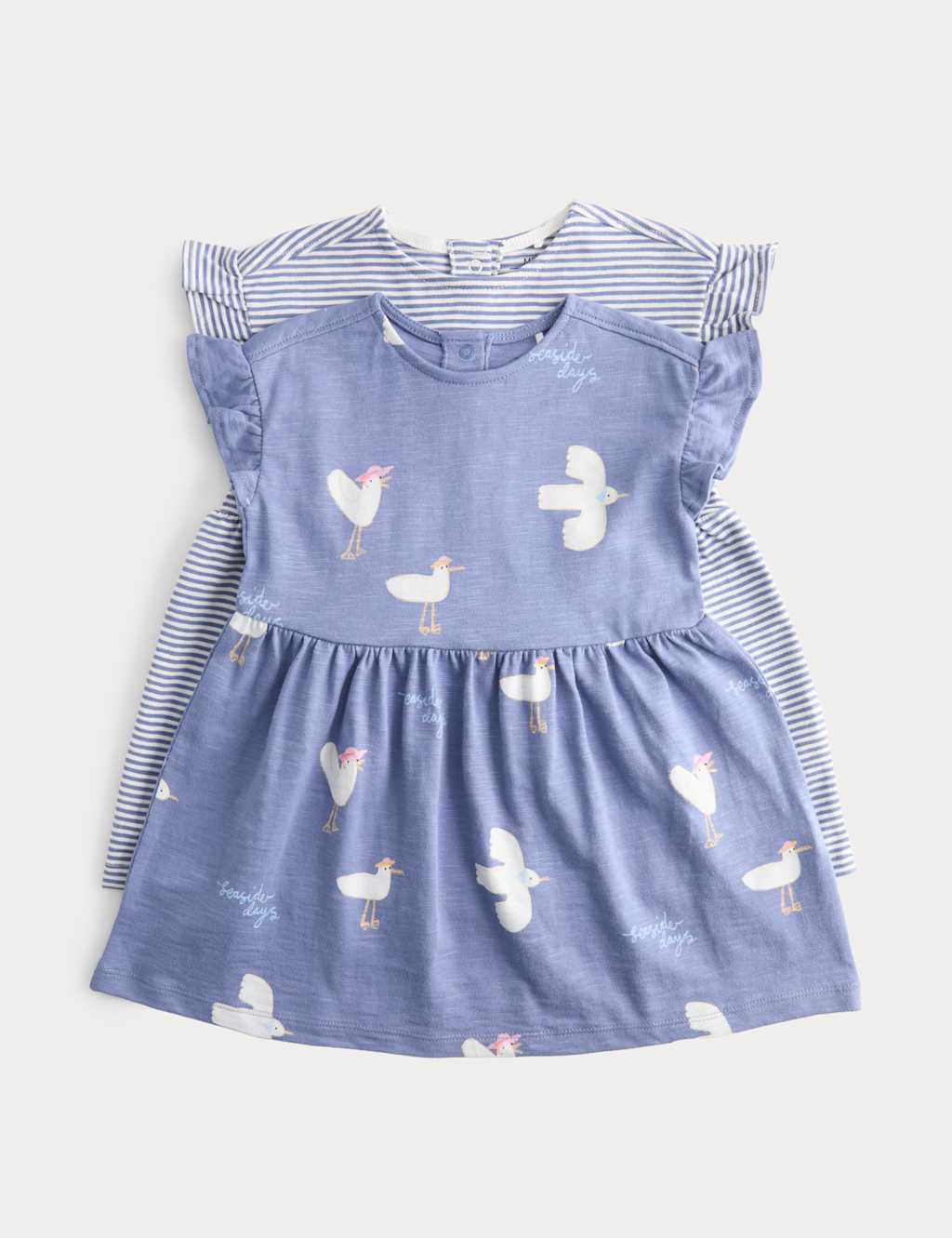 M&S Girls 2 Pack Pure Cotton Bird & Striped Dresses (0-3 Yrs) - 6-9 Months - Blue Mix