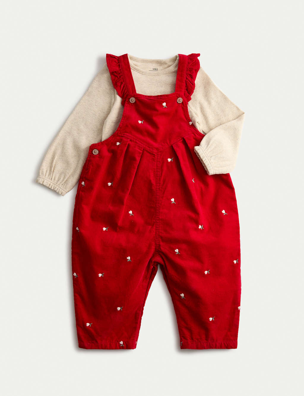M&S 2pc Cotton Rich Floral Dungaree Outfit (0 Mths-3 Yrs) Red