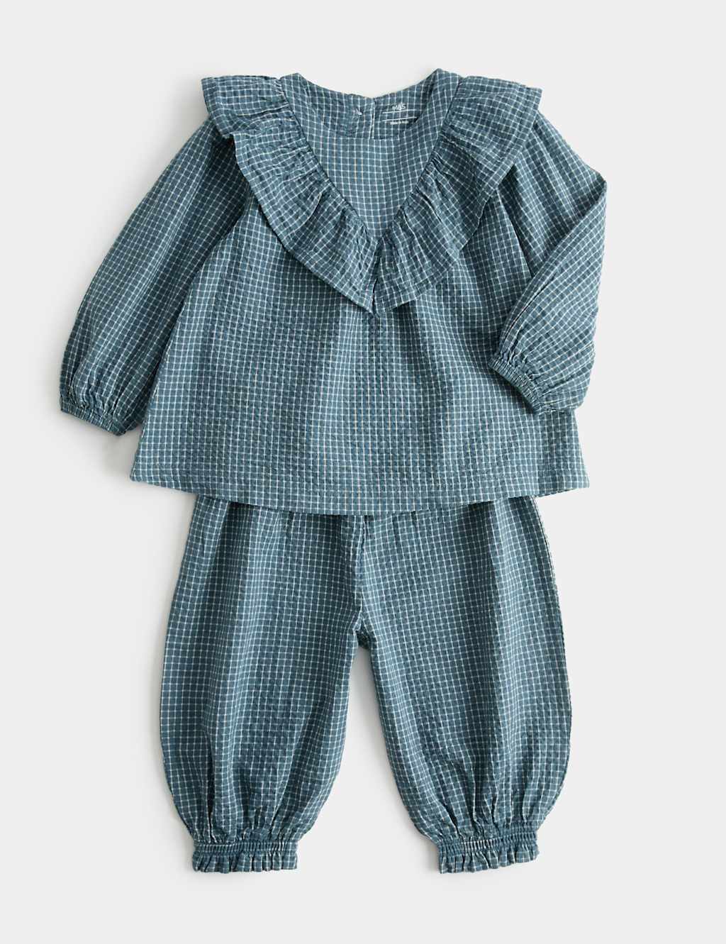 M&S Girls 2pc Pure Cotton Gingham Frill Top & Trousers (0-5 Yrs) - 4-5 Years - Grey Mix