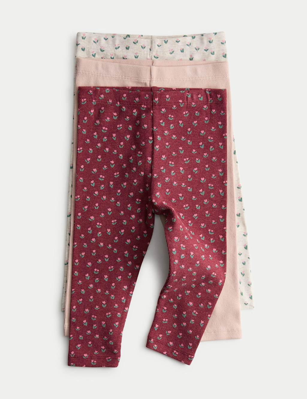 M&S 3pk Cotton Rich Ribbed Floral Leggings (0-6 Yrs) Multi