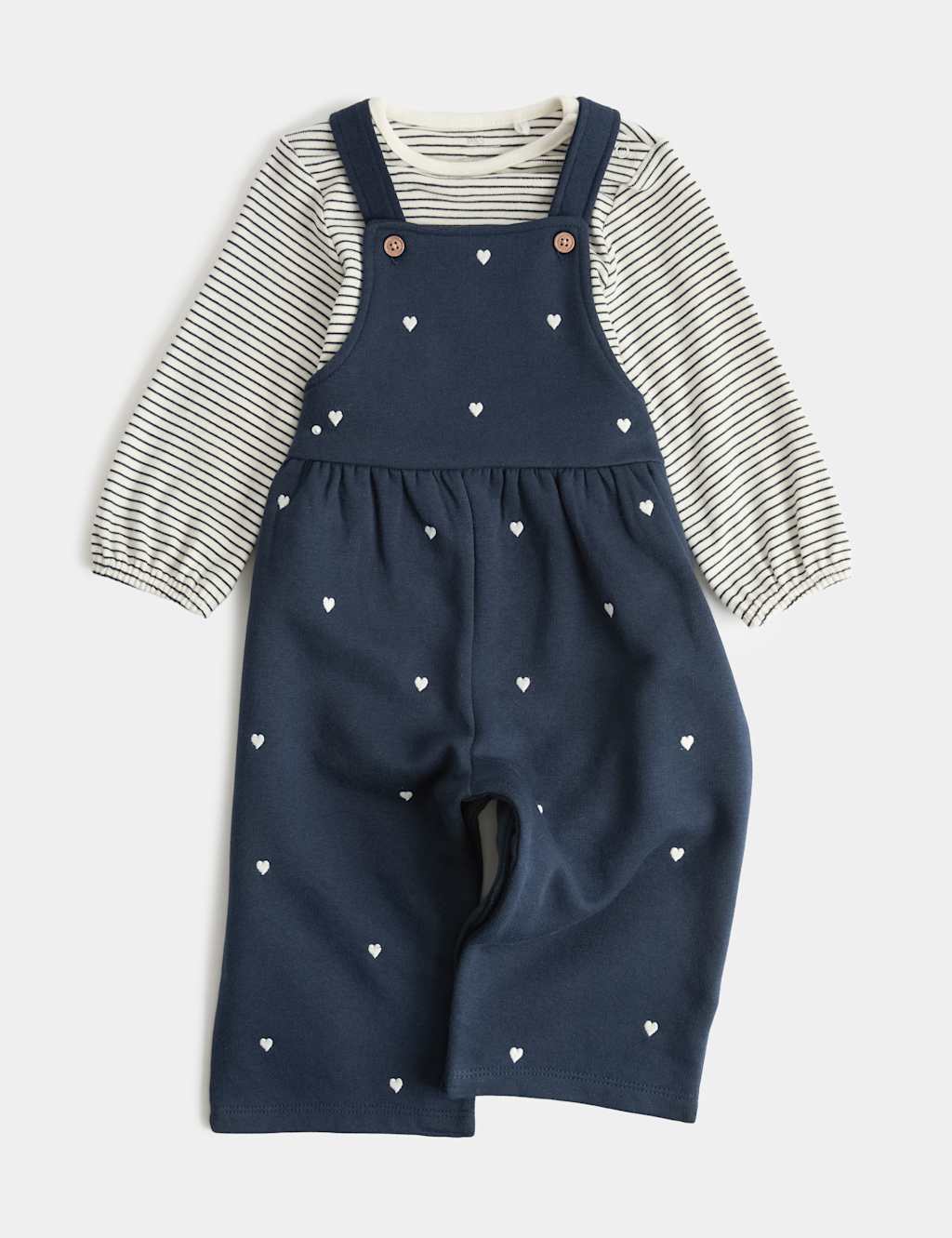 M&S Girls 2 Piece Pure Cotton Heart Dungaree Outfit (0-3 Years) - 18-24 Months - Navy
