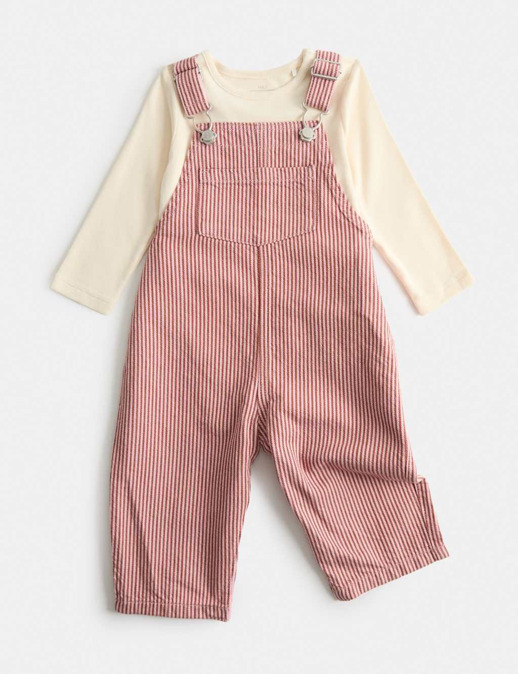M&S Girls Pure Cotton Ticking Stripe Dungaree Outfit (0-3 Yrs) - 9-12 Months - Pink