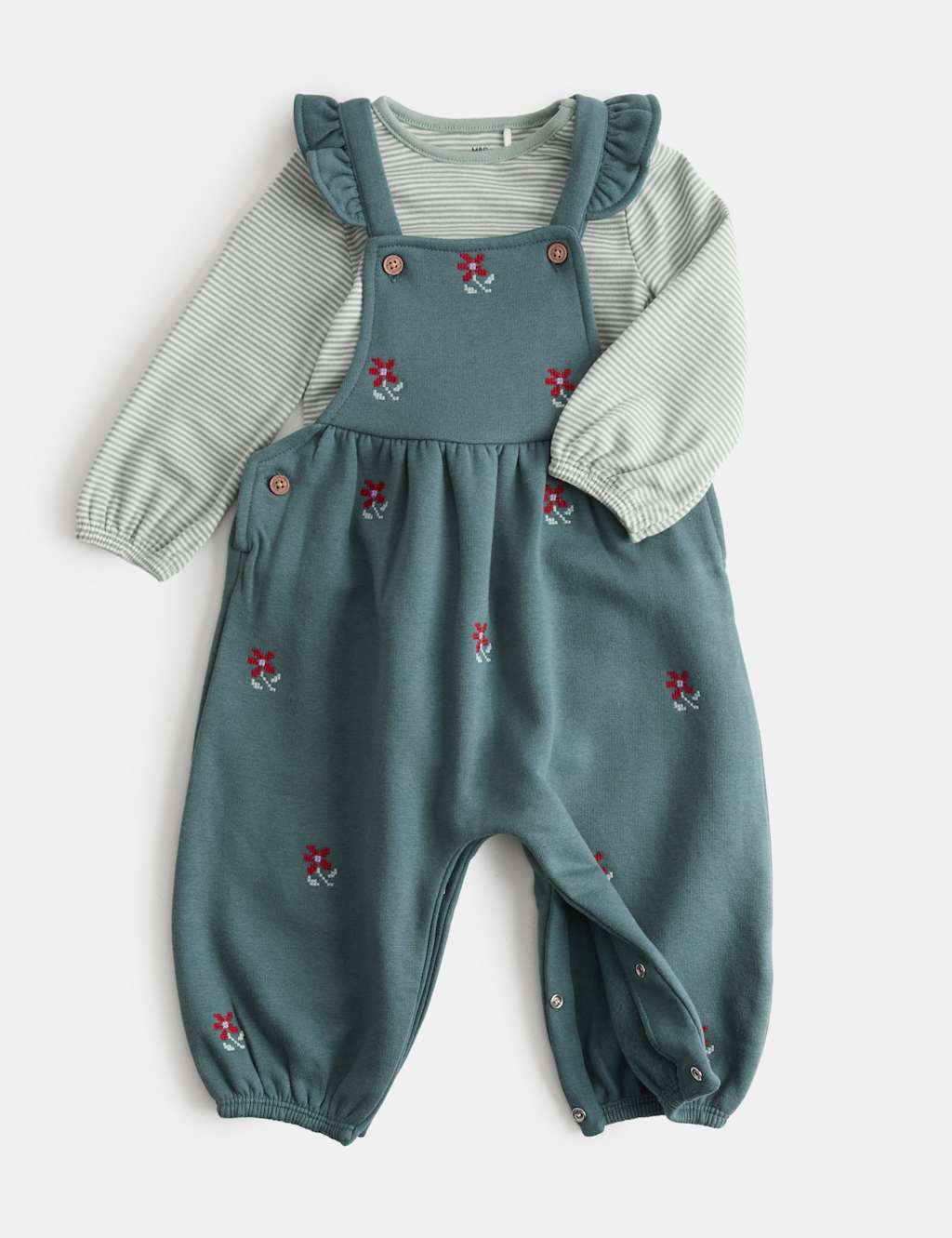 M&S Girls 2 Piece Jersey Embroidered Dungarees with Top (0-3 Yrs) - 2-3 Years - Teal
