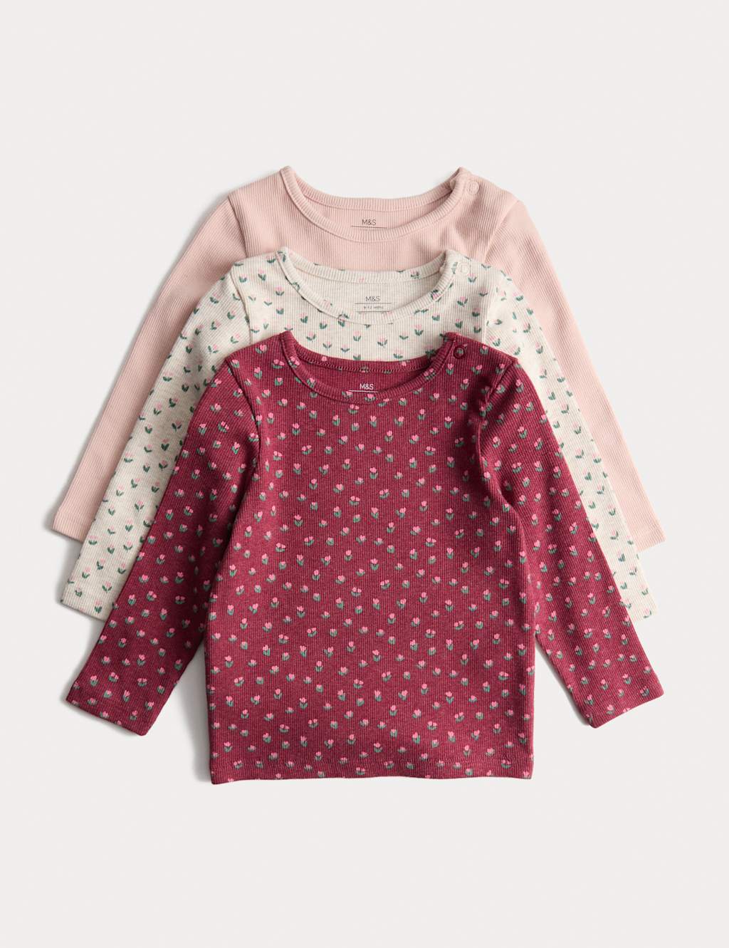 M&S 3pk Cotton Rich Floral Ribbed Long Sleeve Tops (0-6 Yrs) Multi