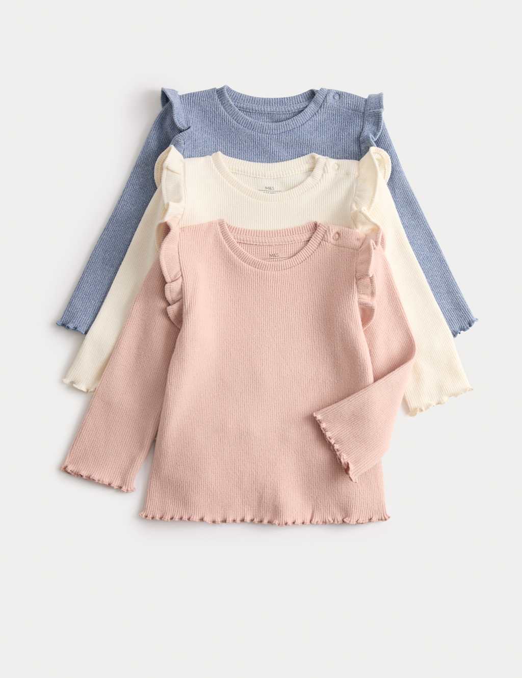 M&S 3pk Cotton Rich Plain Waffle Long Sleeve Tops (0-3 Yrs) Pink Mix