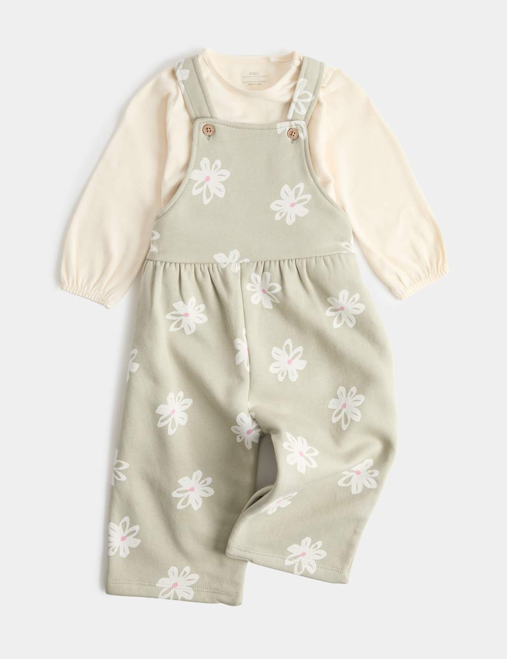 M&S Girls 2 Piece Jersey Flower Dungarees with Top (0-3 Yrs) - 2-3 Years - Green Mix
