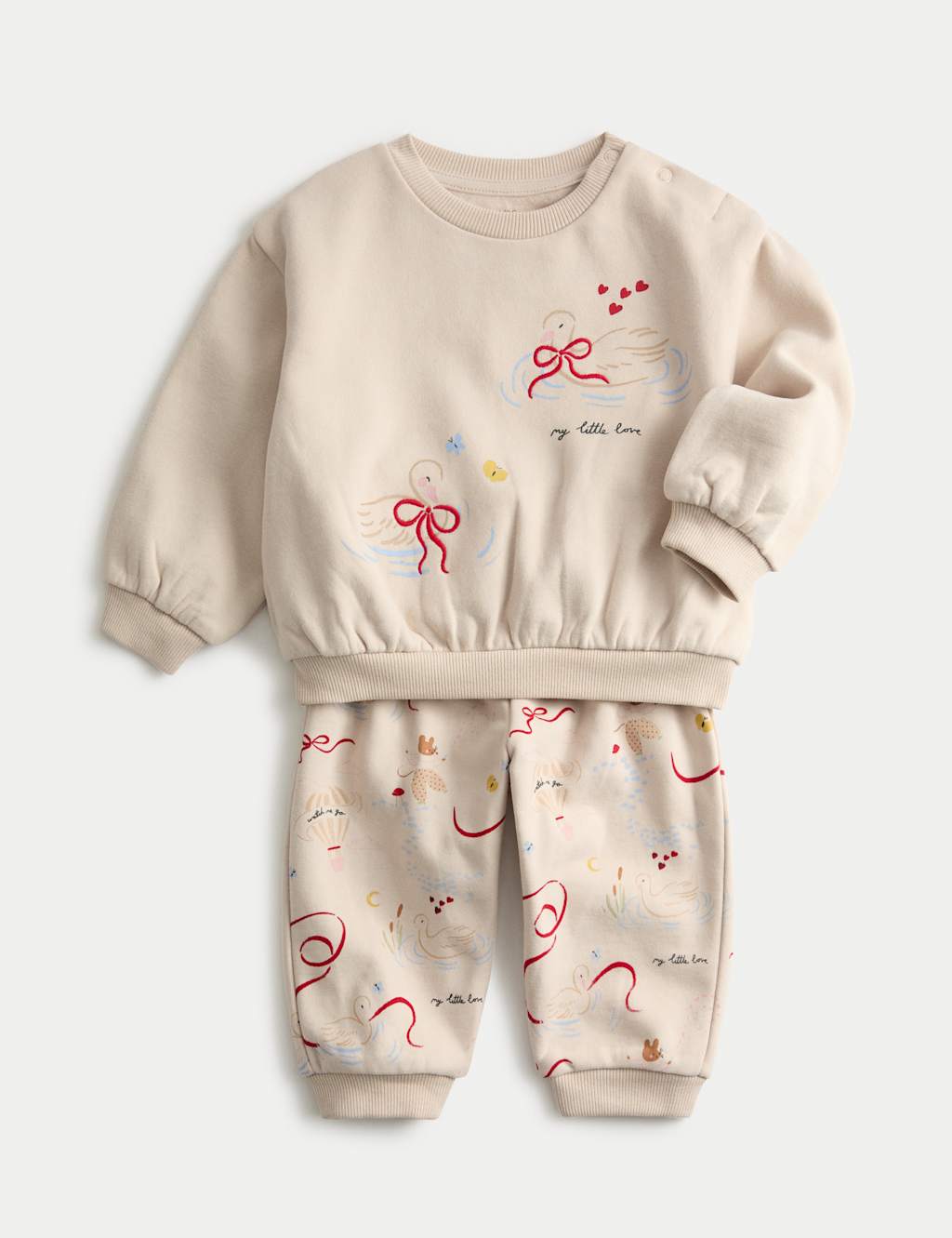 M&S 2pc Cotton Rich Swan Top & Bottom Outfit (0-3 Yrs) Calico Mix