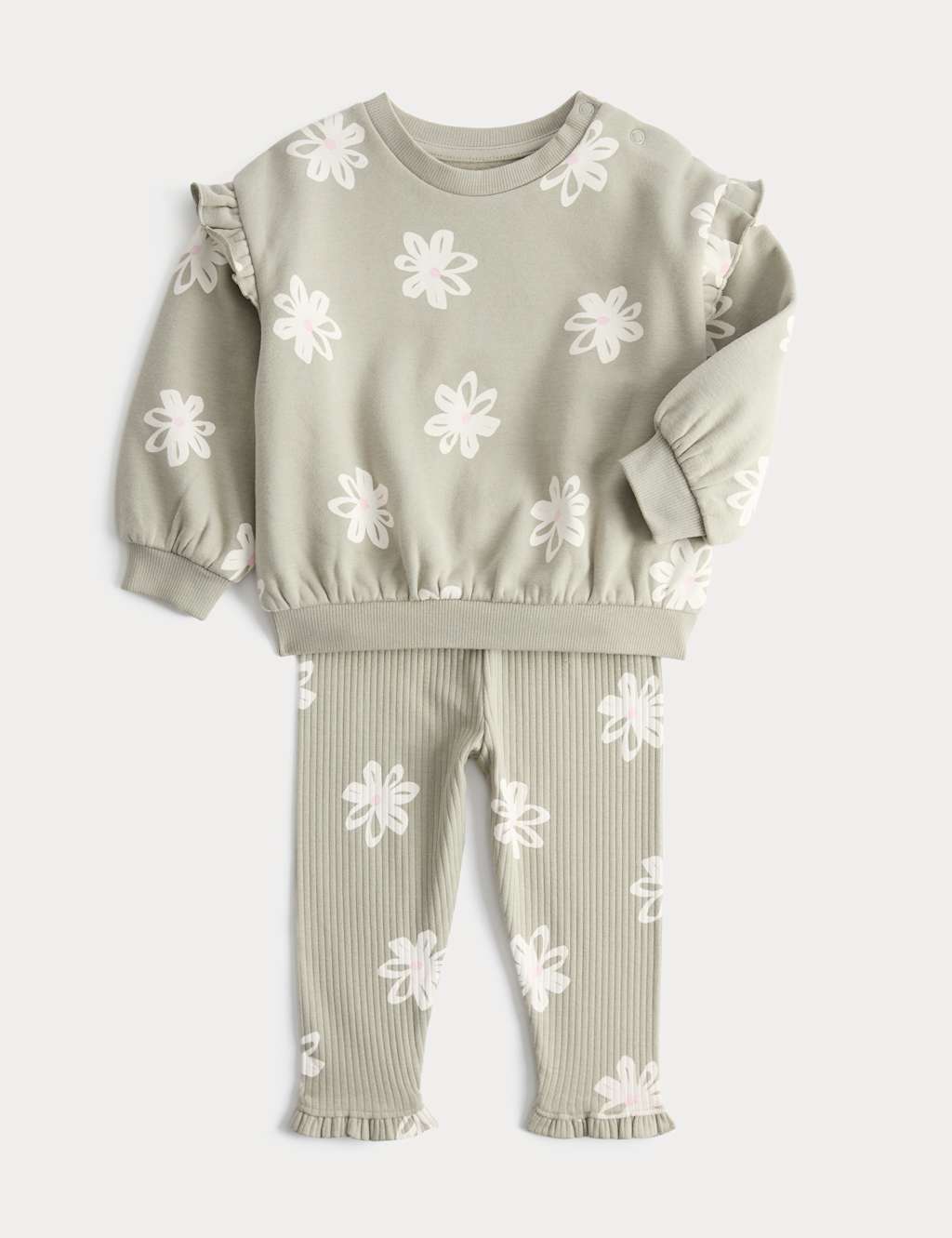 M&S Girls 2 Piece Cotton Rich Floral Sweat Outfit (0-5 Yrs) - 2-3 Years - Green