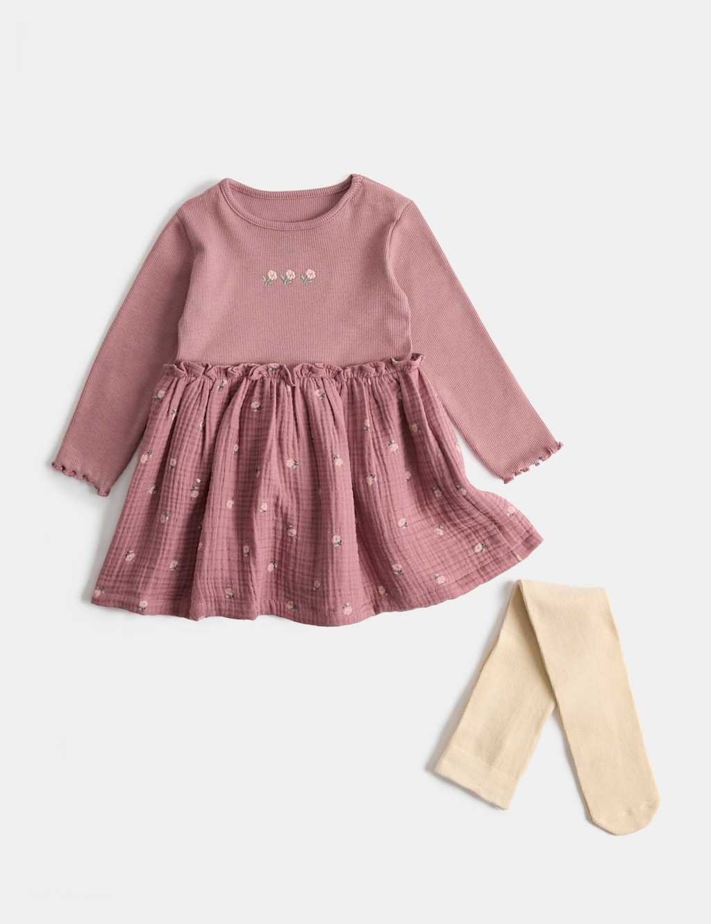 M&S Girls Cotton Rich Dress with Tights (0-5 Yrs) - 4-5 Years - Pink