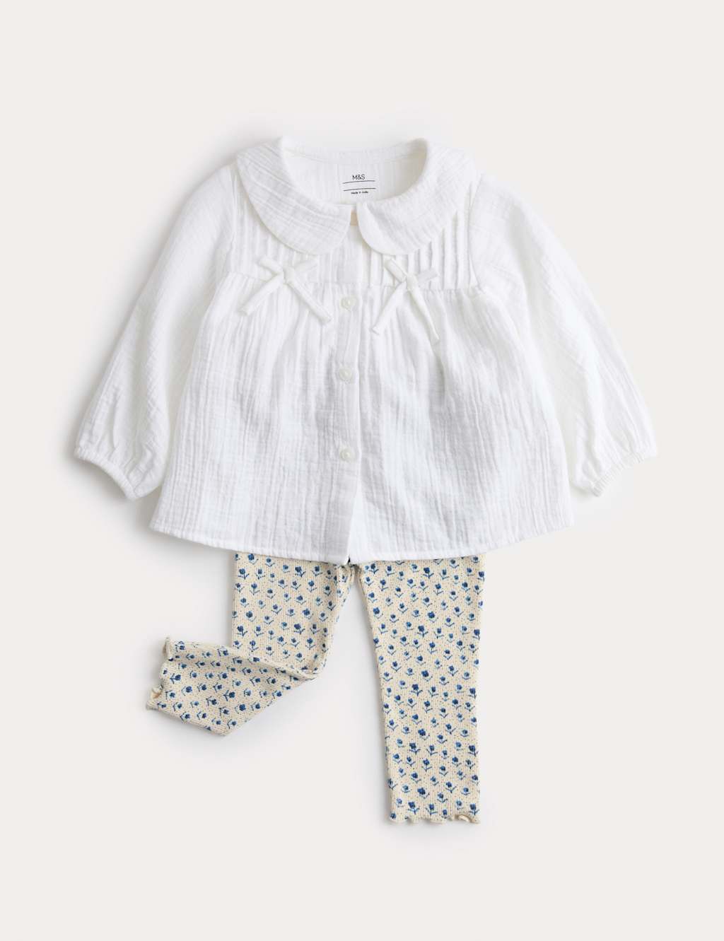 M&S 2pc Cotton Bow Blouse with Leggings (0-6 Yrs) White Mix