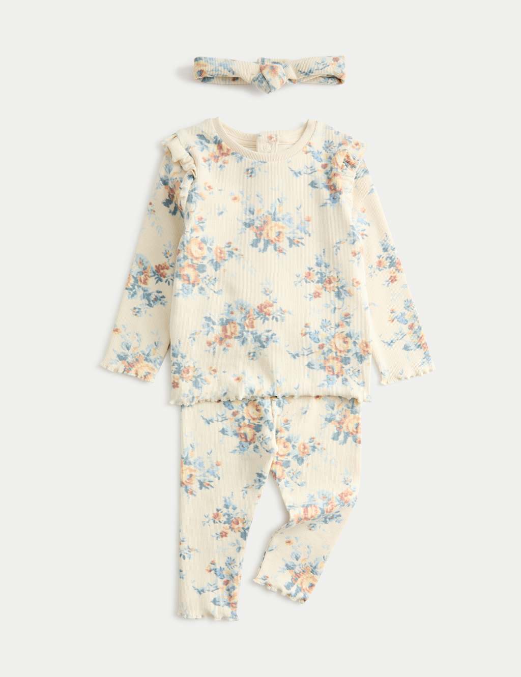 M&S 3pc Cotton Rich Jersey Floral Outfit (0-3 Yrs) Cream Mix