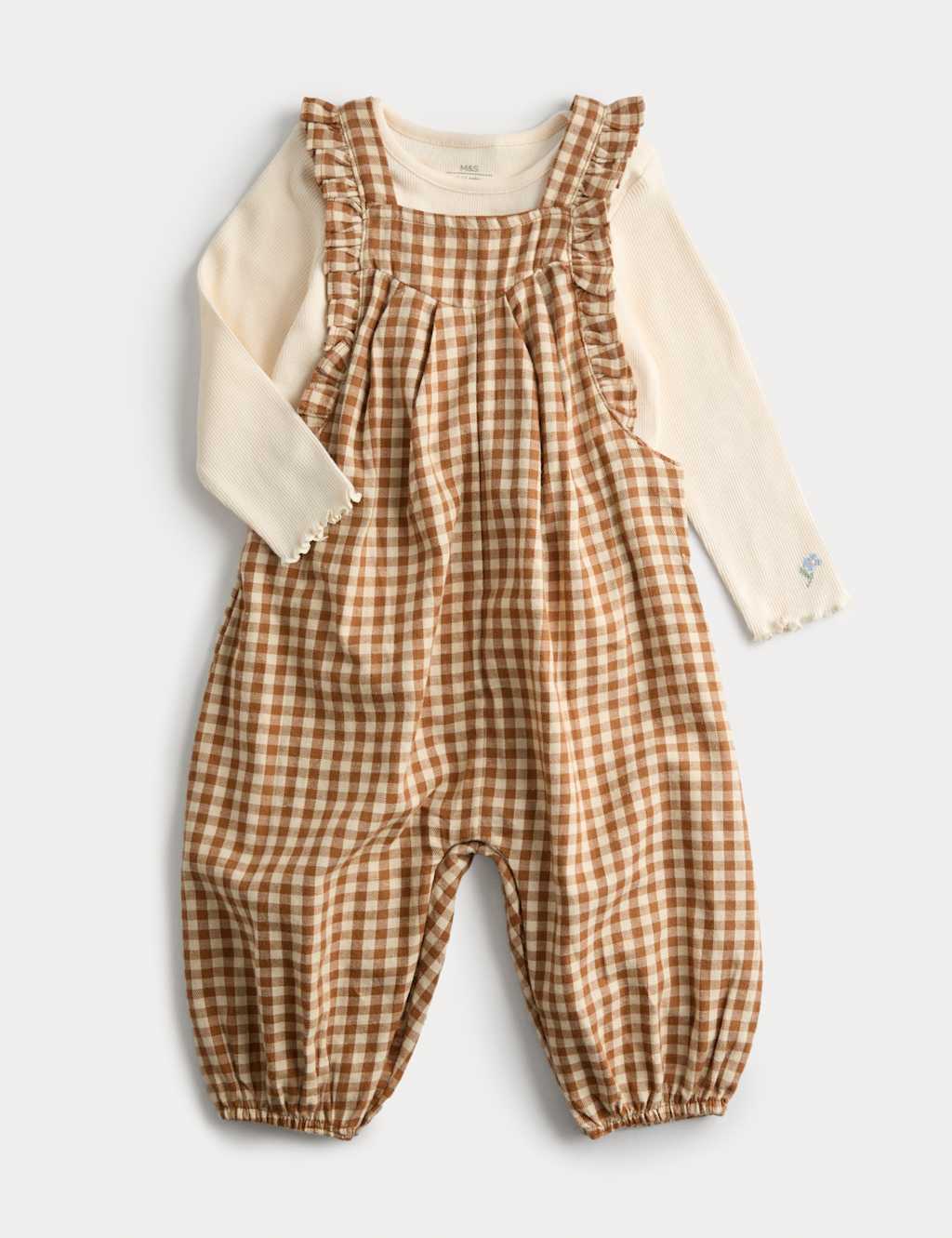 M&S Girls 2 Piece Top & Dungaree Set (0-6 Yrs) - 9-12 Months - Brown Mix