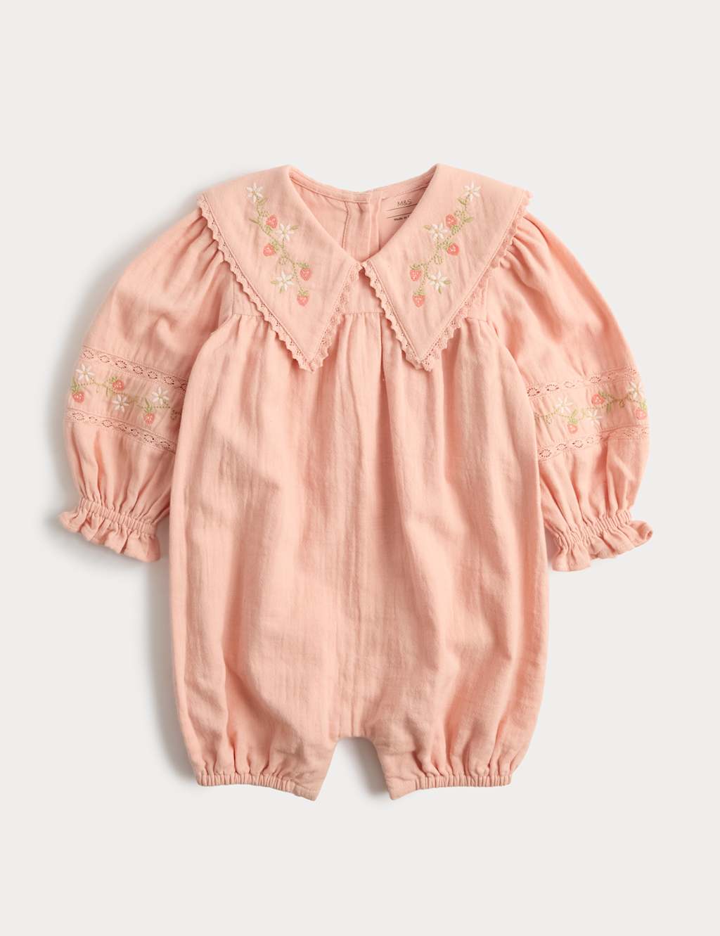 M&S Girls Pure Cotton Embroidered Romper (0-3 Yrs) - 12-18 Months - Pink Mix