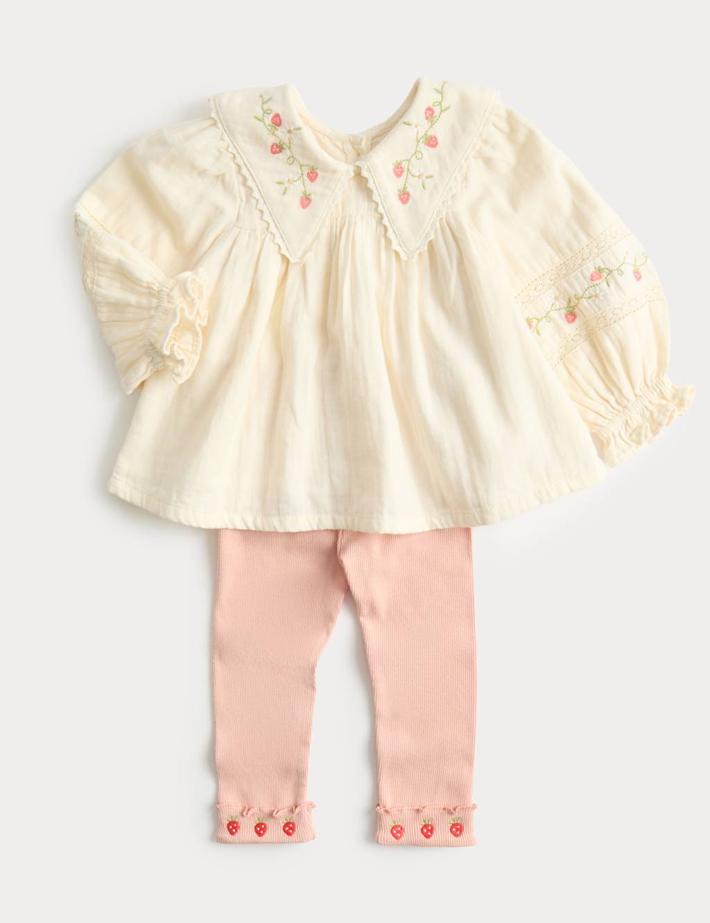 M&S Girls 2 Piece Cotton Rich Embroidered Outfit (0-3 Yrs) - 6-9 Months - Cream Mix
