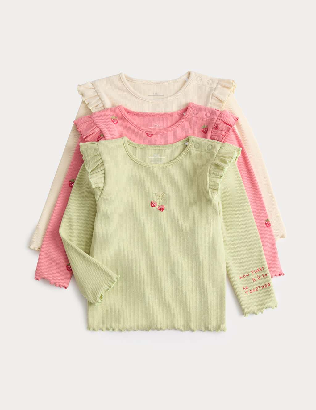 M&S Girls 3 Pack Cotton Rich Strawberry Tops (0-3 Yrs) - 18-24 Months - Pink Mix