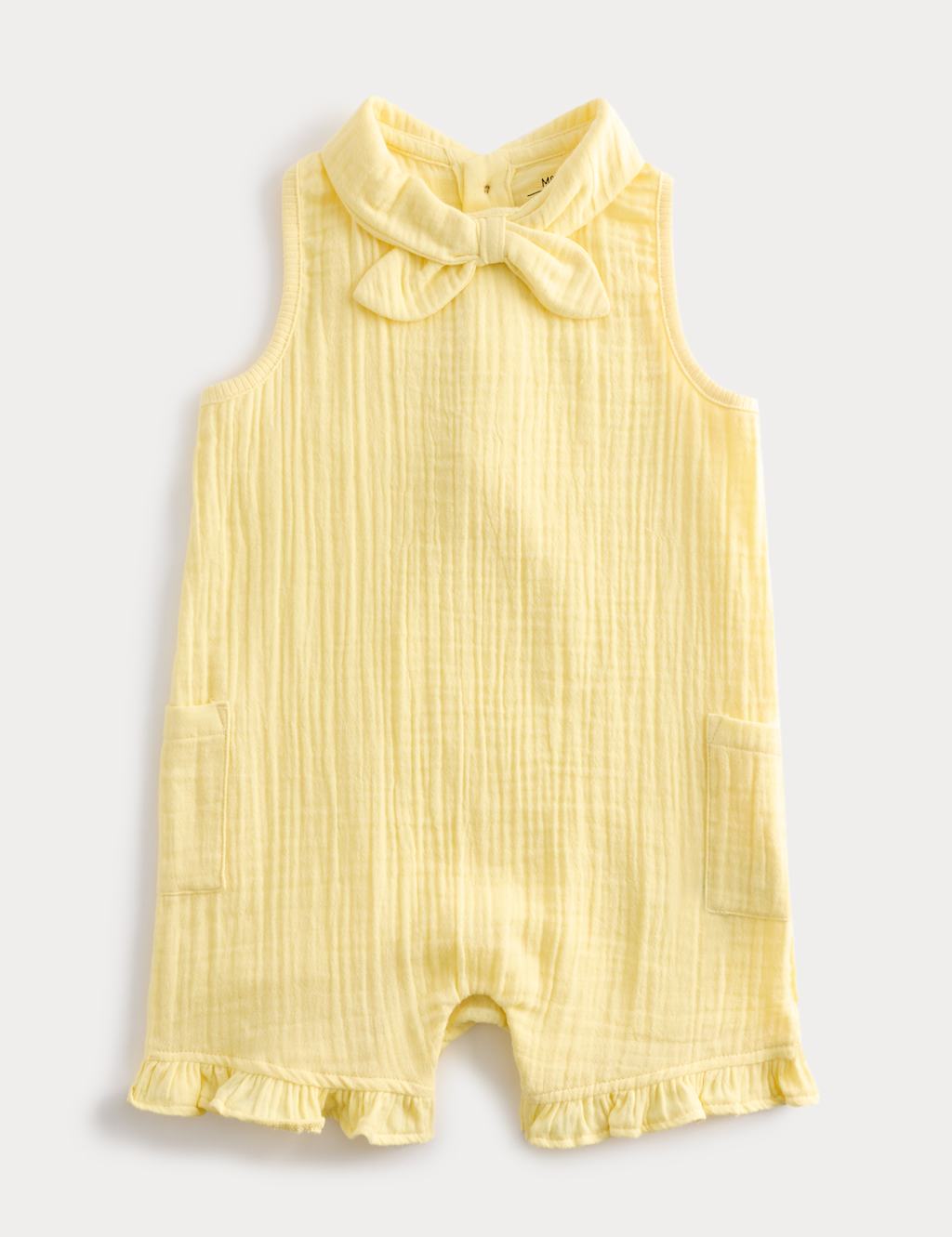 M&S Girls Pure Cotton Tie Collar Romper (0-3 Yrs) - 9-12 Months - Yellow