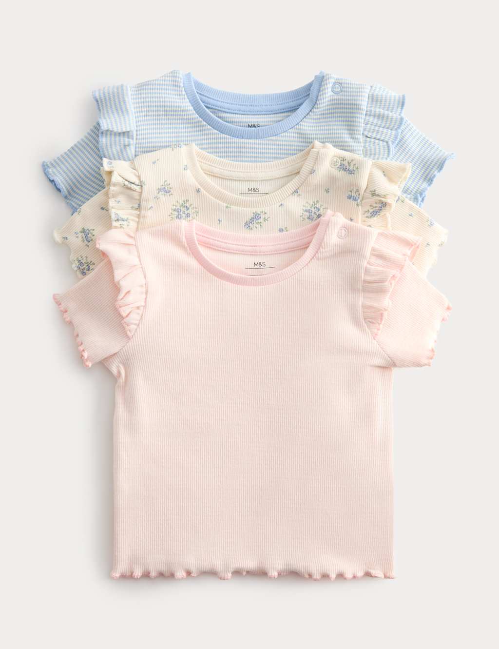 M&S Girls 3 Pack Cotton Rich Ribbed Printed Tops (0-5 Yrs) - 0-3 Months - Multi