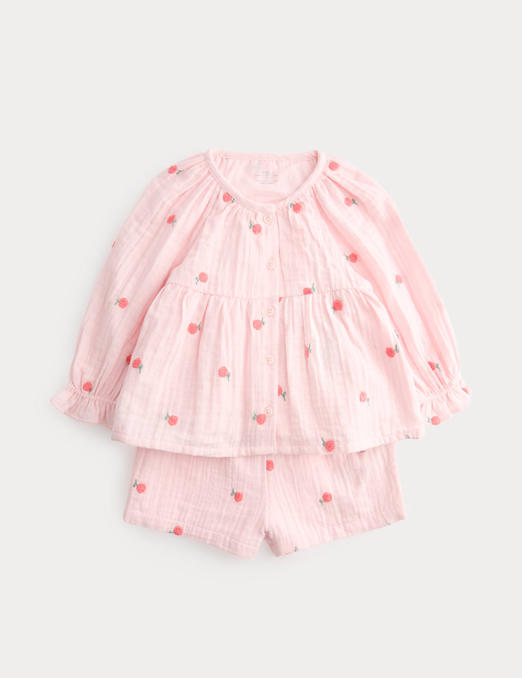 M&S Girls 2 Piece Cotton Embroidered Blouse and Shorts (0-5 Yrs) - 2-3 Years - Pink