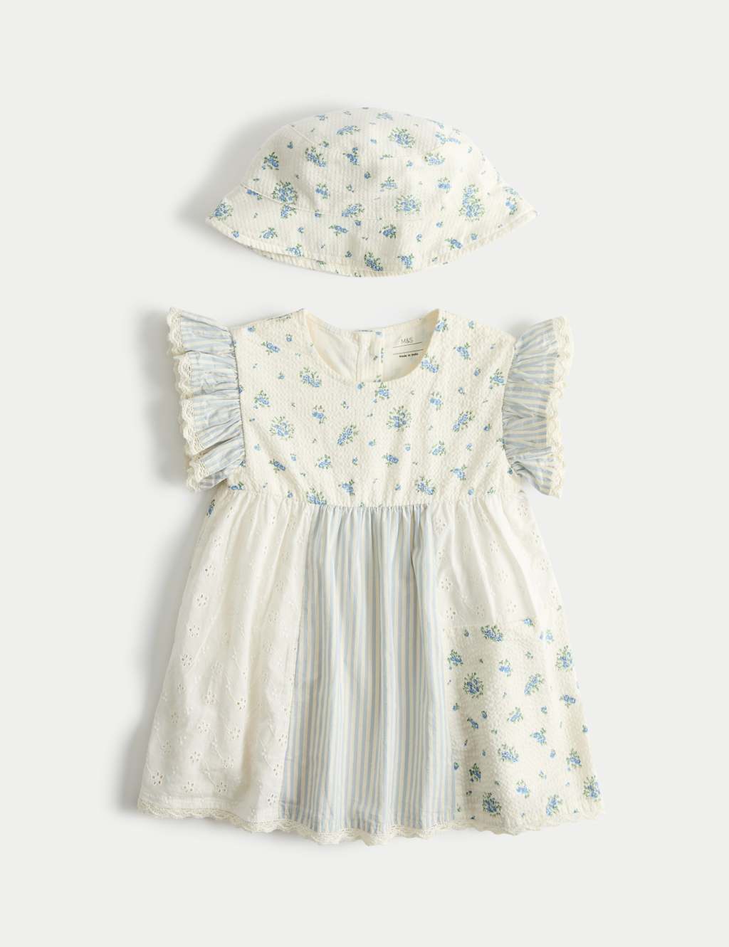 M&S Girls 2 Piece Pure Cotton Dress with Hat (0 Months - 5 Years) - 2-3 Years - Blue Mix