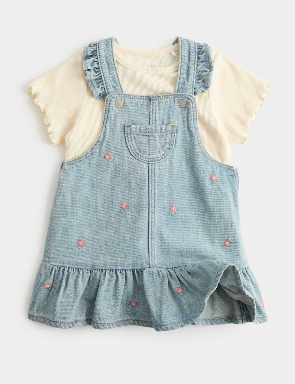 M&S Girls 2 Piece Denim Embroidered Pinny Outfit (0-5 Yrs) - 4-5 Years - Denim Mix