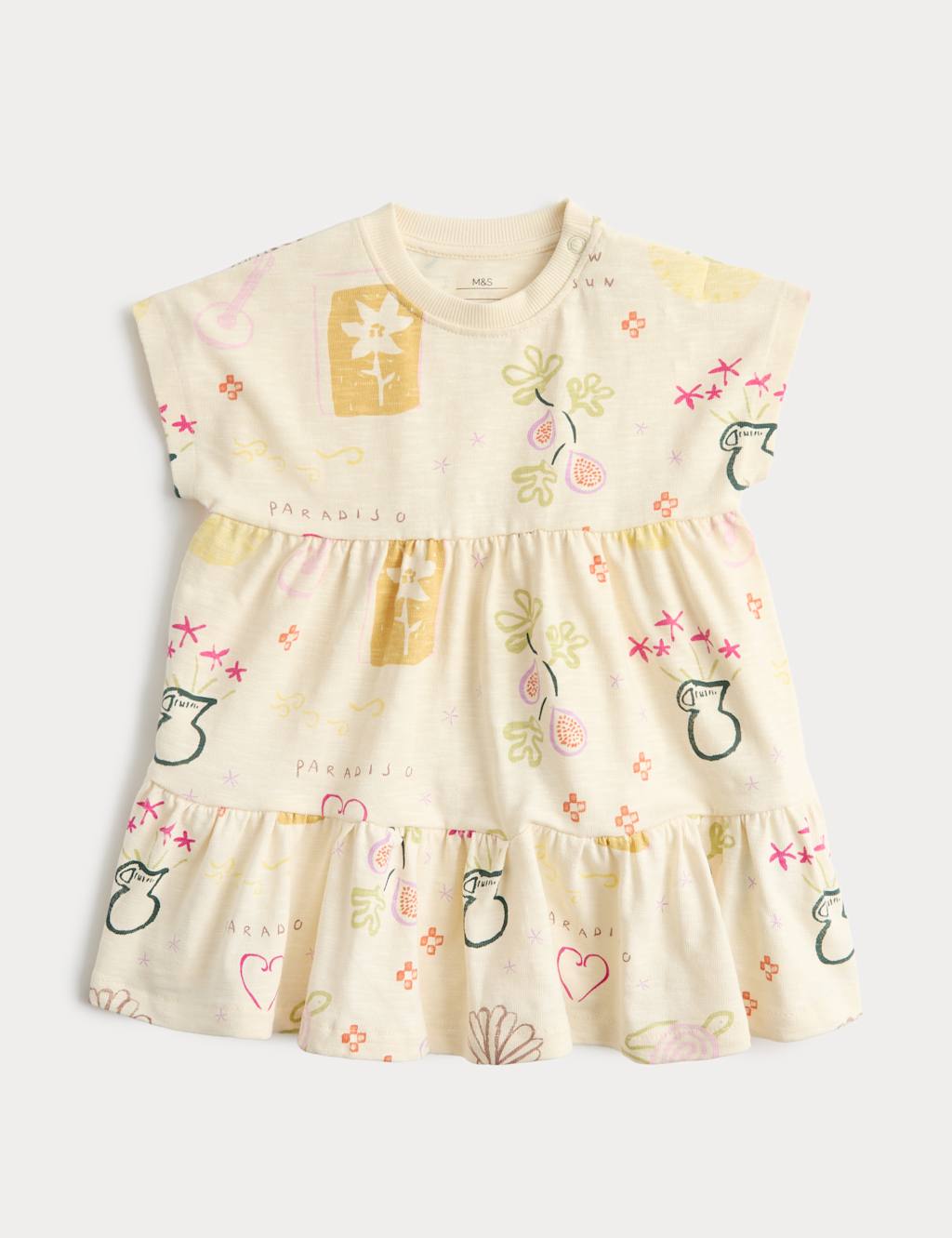 M&S Girls Pure Cotton Jersey Paradiso Print Dress (0-5 Yrs) - 3-6 Months - Cream Mix