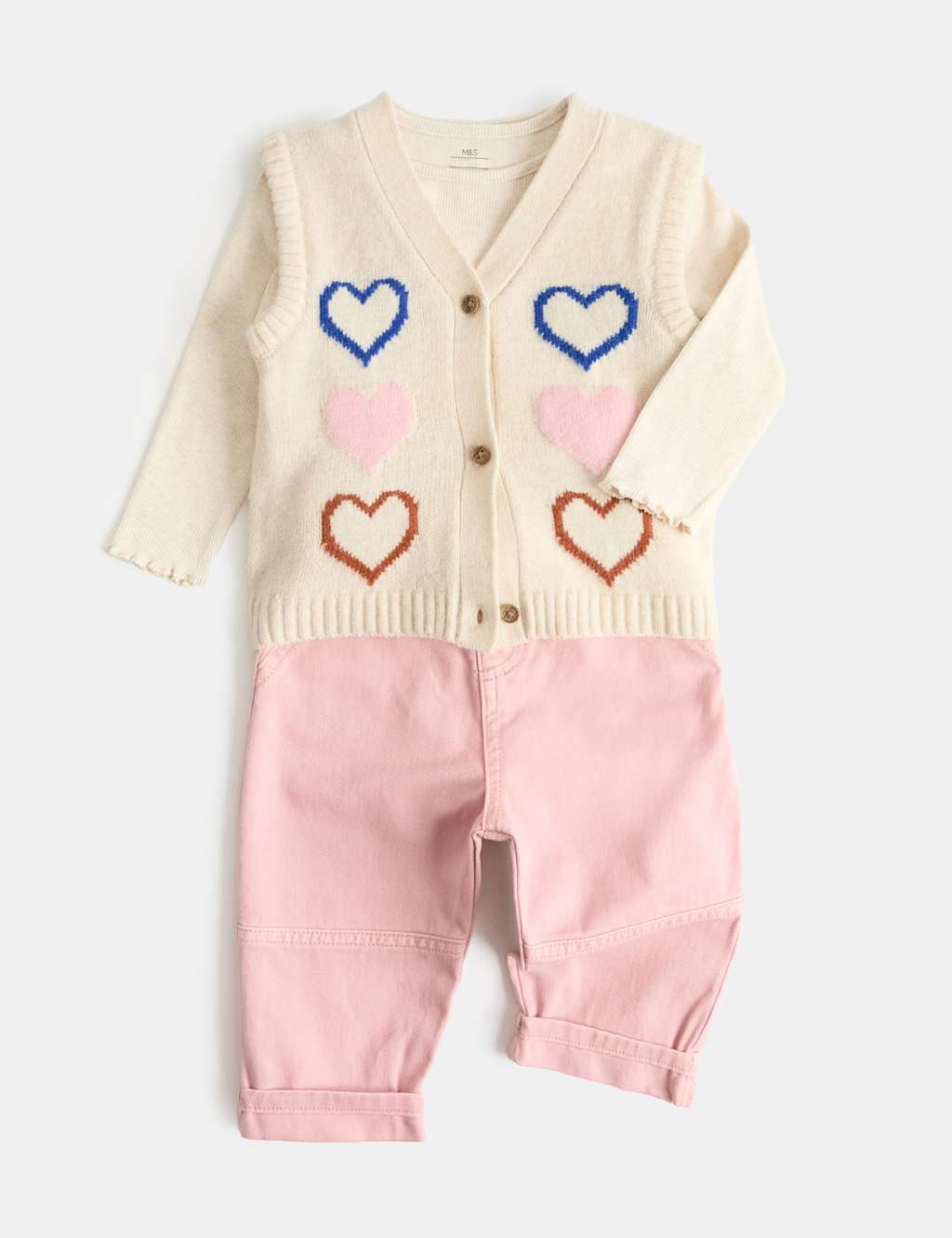 M&S Girls 3 Piece Cotton Rich Heart Knitted Vest and Jeans Outfit (0 Mths-5 Yrs) - 4-5 Years - Multi