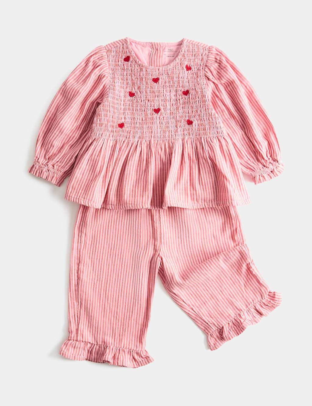 M&S Girls 2 Piece Pure Cotton Heart Stripe Outfit (0-5 Yrs) - 2-3 Years - Red
