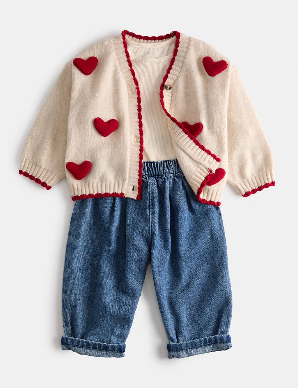 M&S Girls 3 Piece Heart Cardigan Outfit (0-5 Yrs) - 0-3 Months - Cream Mix