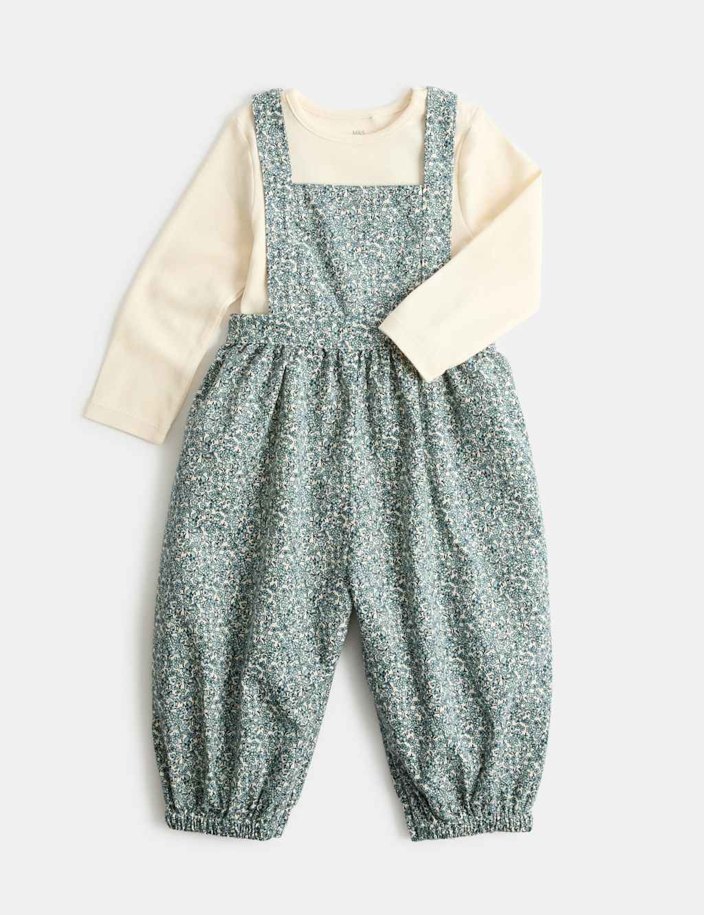 M&S Girls 2 Piece Pure Cotton Ditsy Dungaree Outfit (0-3 Yrs) - 0-3 Months - Blue Mix