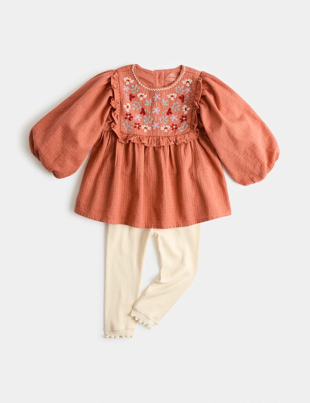 M&S Girls Pure Cotton Embroidered Top & Bottom Outfit (0-5 Yrs) - 4-5 Years - Orange Mix
