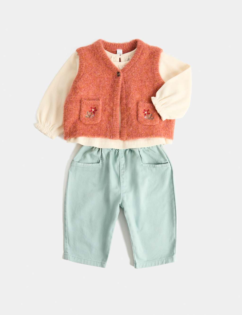M&S Girls 3 Piece Waistcoat, Top & Jeans Outfit (0-5 Yrs) - 2-3 Years - Coral