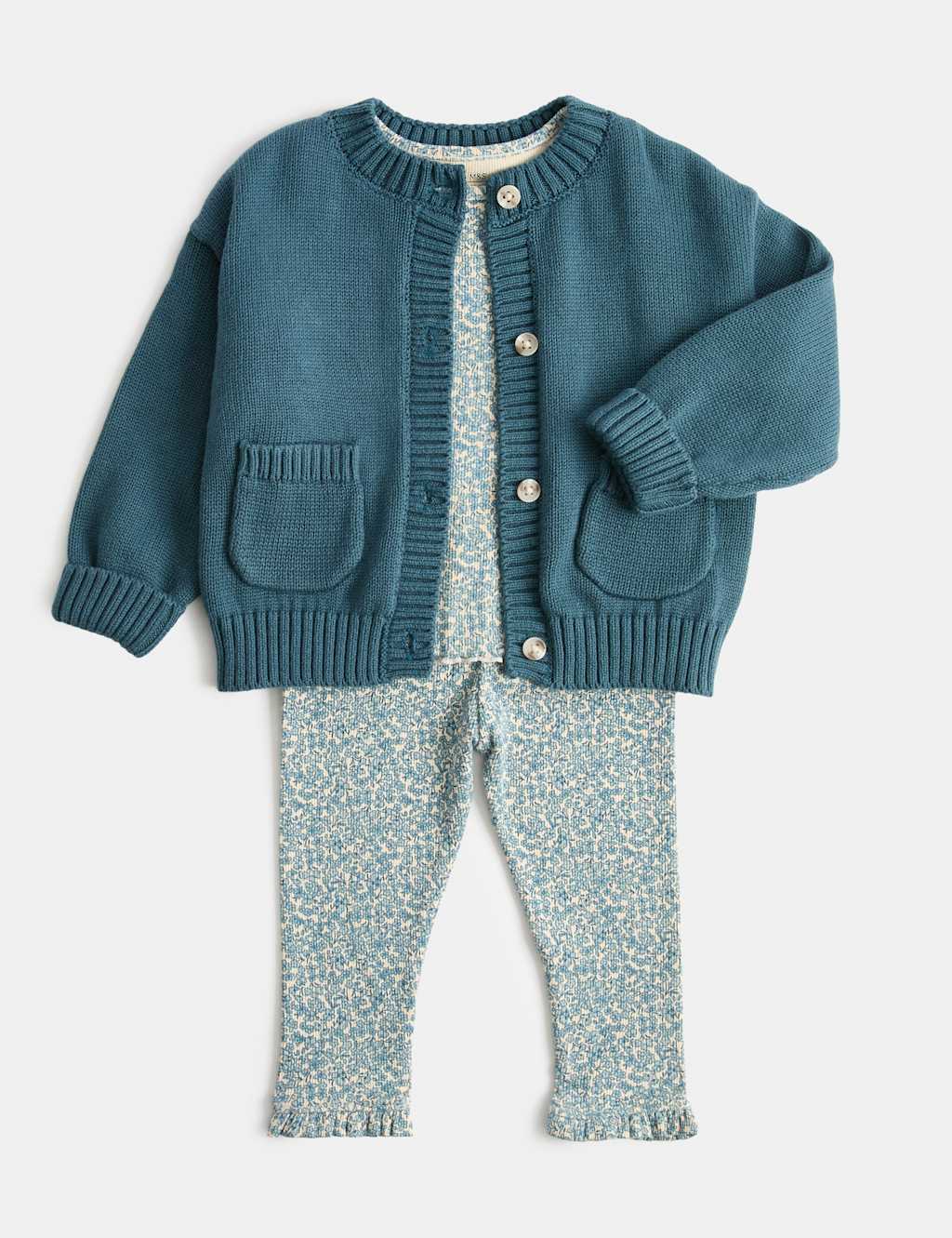 M&S Girls 3 Piece Cotton Rich Jersey Outfit (0-3 Yrs) - 2-3 Years - Blue Mix
