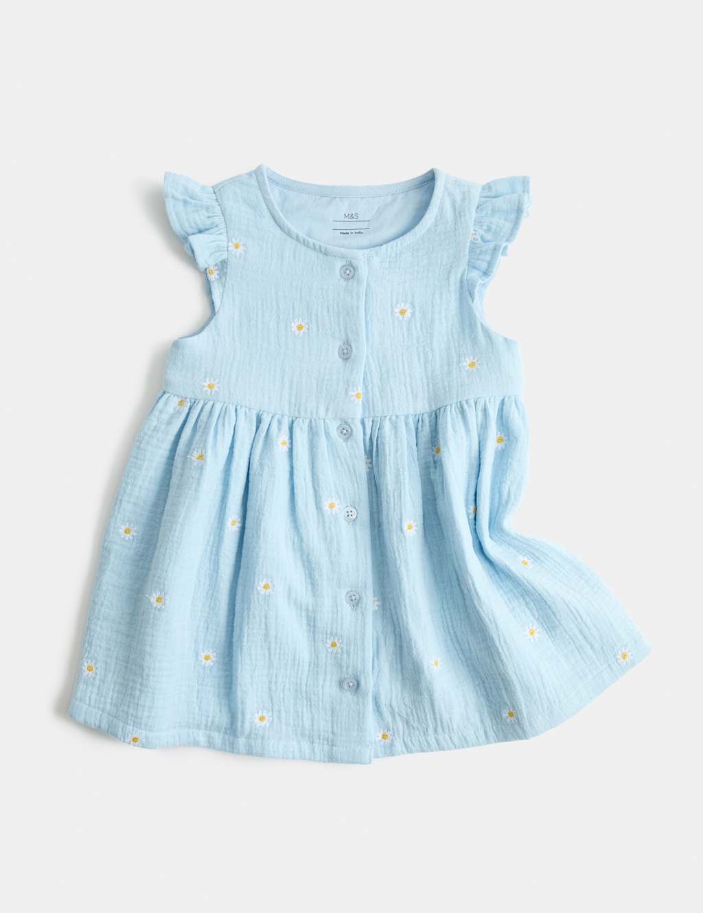 M&S Girls Pure Cotton Embroidered Button Up Dress (0-3 Yrs) - 9-12 Months - Blue