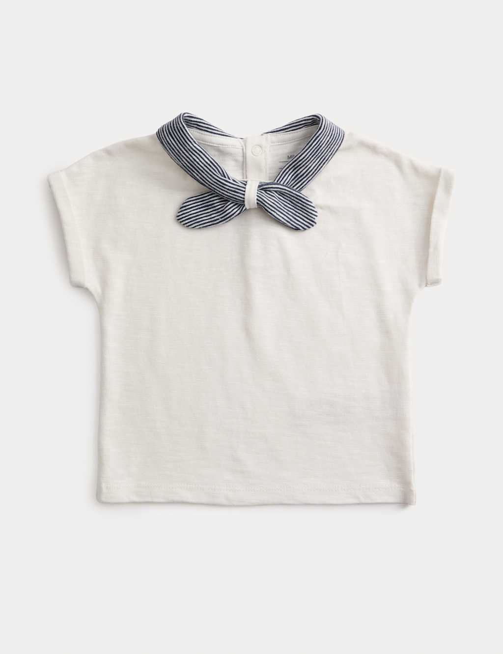 M&S Boys Pure Cotton Tie Neck T-Shirt (0 Mths-3 Yrs) - 3-6 Months - White Mix