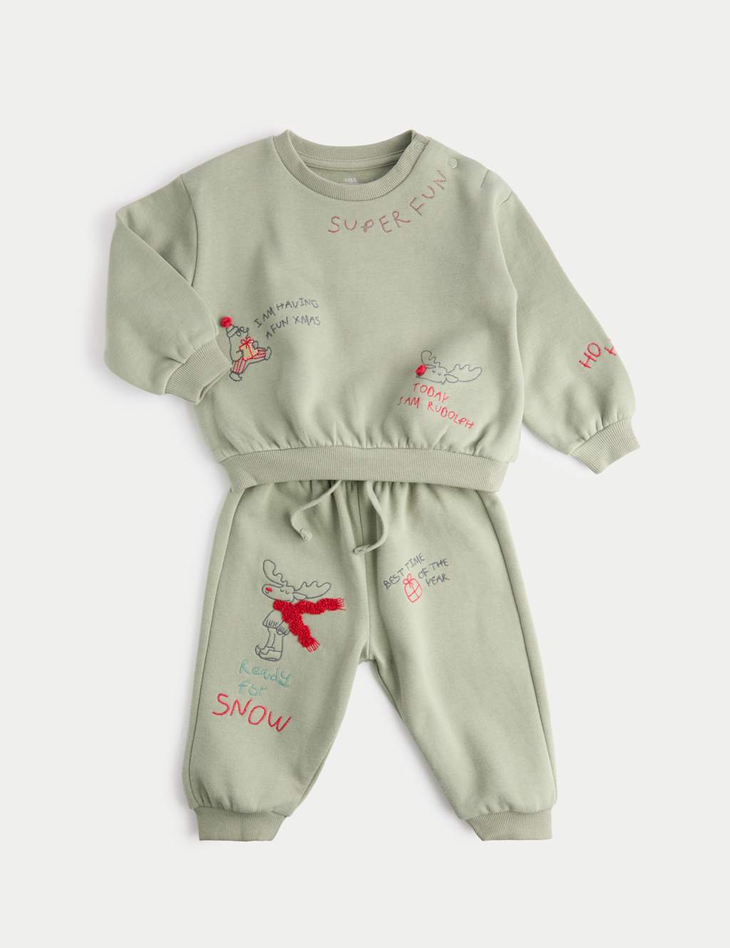 M&S Collection Boys 2pc Green Embroidered Xmas Sweat Outfit (0-3 Yrs) - 12-18, Green