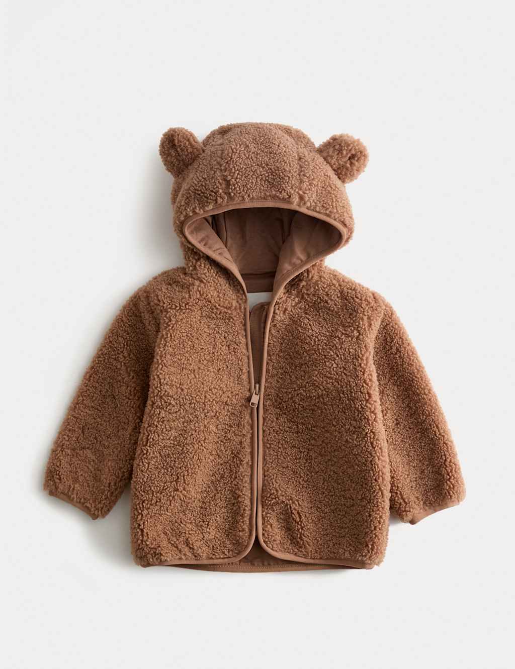 M&S Collection Boys Hooded Borg Zip Jacket (0-3 Yrs) - 0-3 M - Brown, Navy,Brown,Green