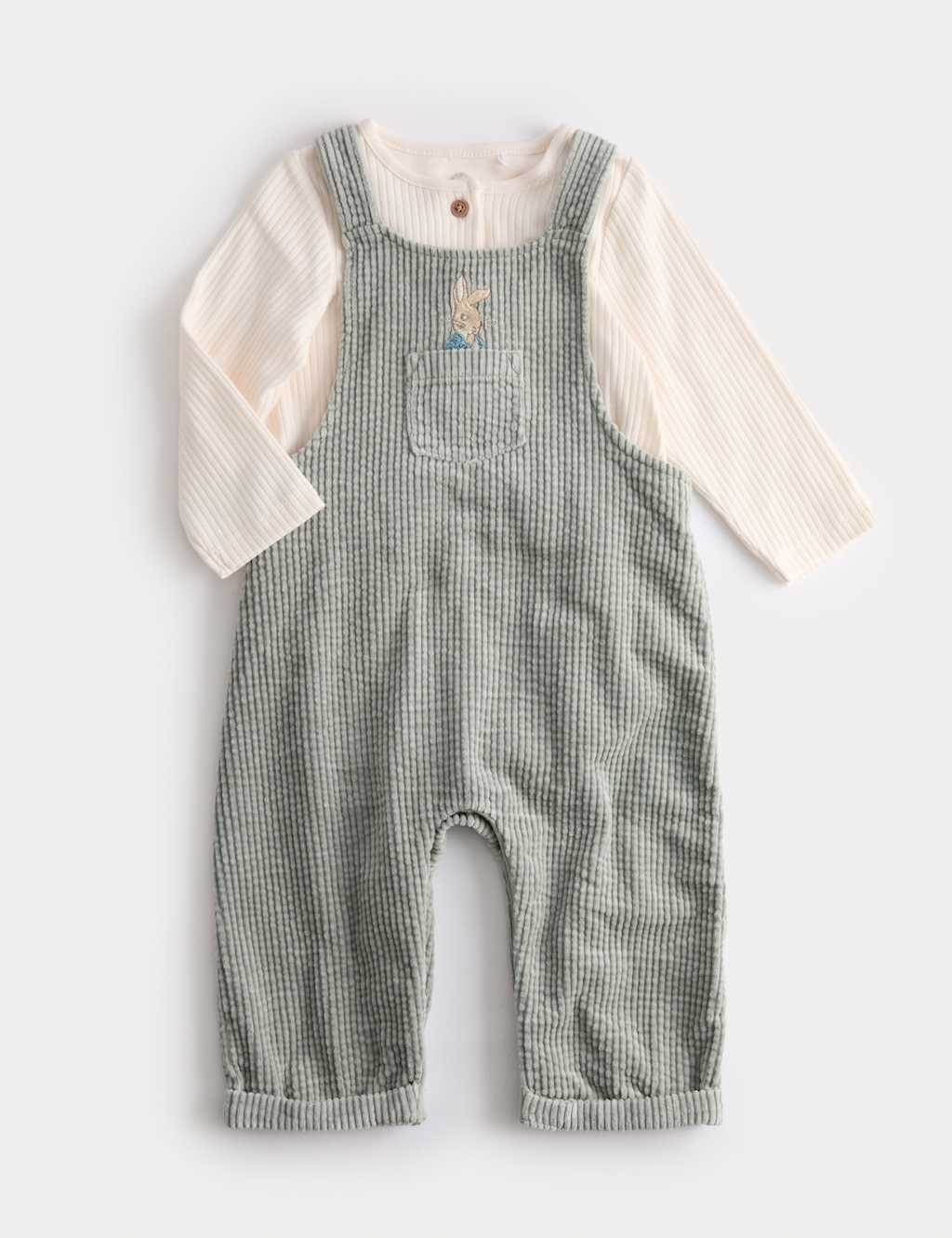 M&S Collection Boys 2pc Peter Rabbit™ Cord Dungarees and Top Outfit (0 Mths-3 Yrs) - 12-18 - Green Mix, Green Mix