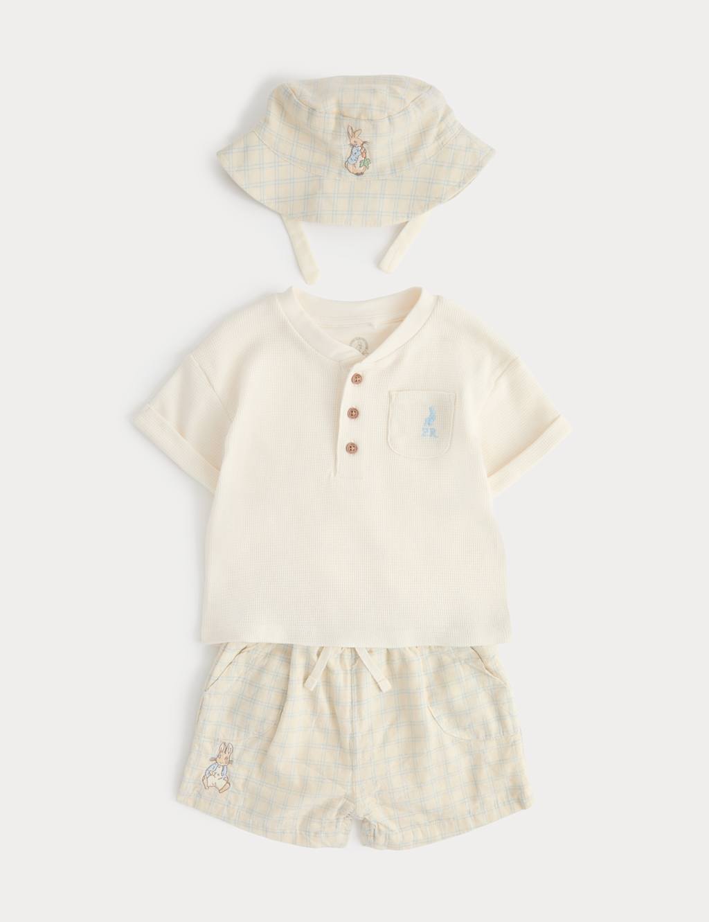 M&S Boys 3 Piece Cotton Rich Peter Rabbit Shorts Outfit (0-3 Years) - 12-18 Months - Cream Mix