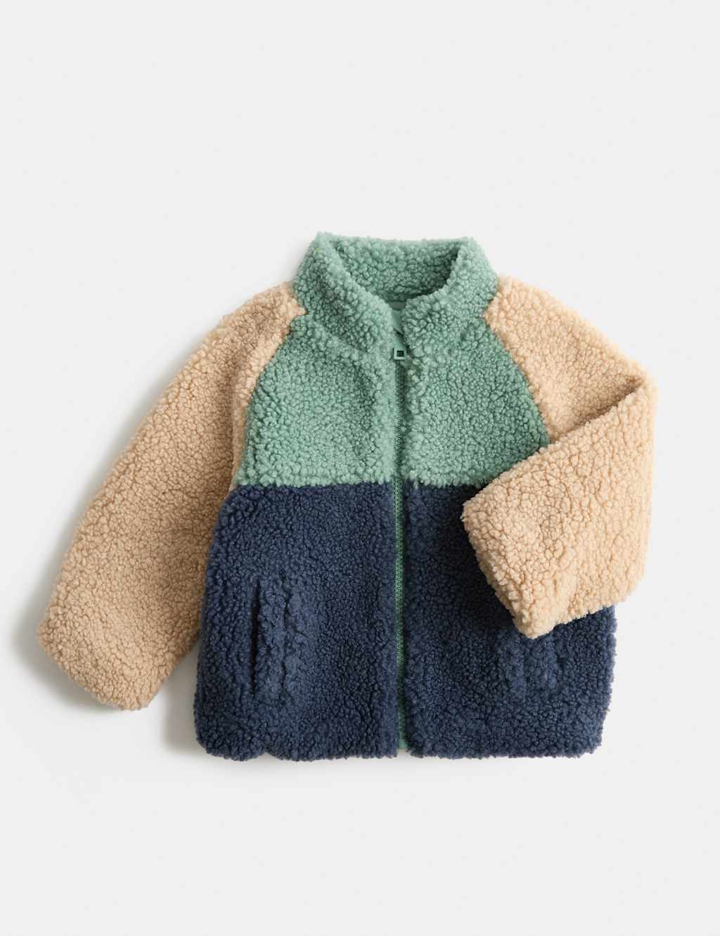 M&S Boys Borg Colour Block Funnel Neck Jacket (0-5 Yrs) - 3-4 Years - Green Mix