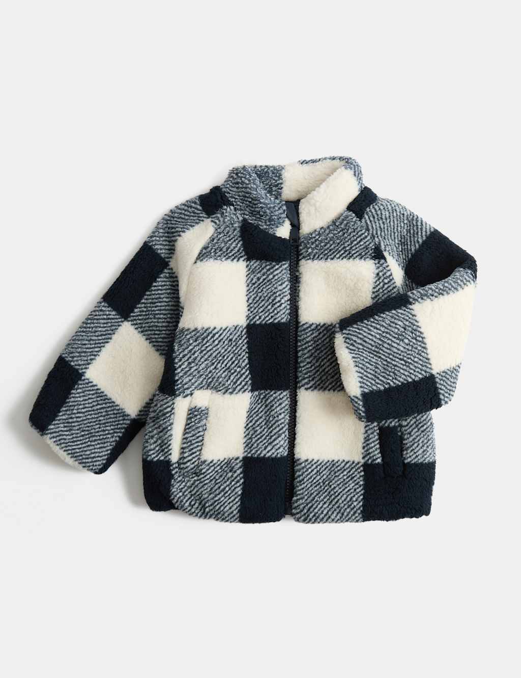 M&S Boys Borg Checked Funnel Neck Jacket (0-5 Yrs) - 2-3 Years - Navy