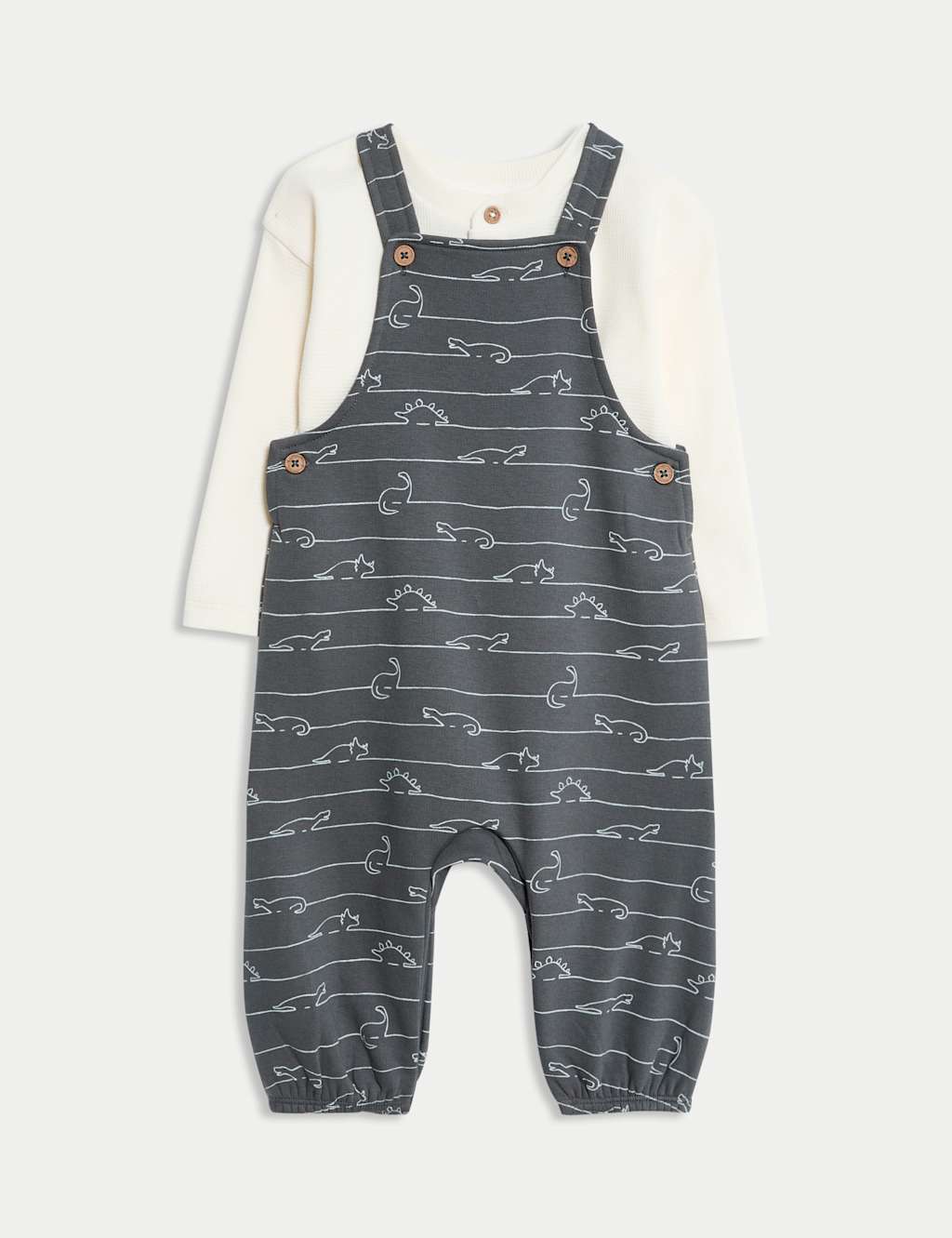 M&S 2pc Cotton Rich Jersey Dino Dungaree Outfit (0-3 Yrs) Carbon