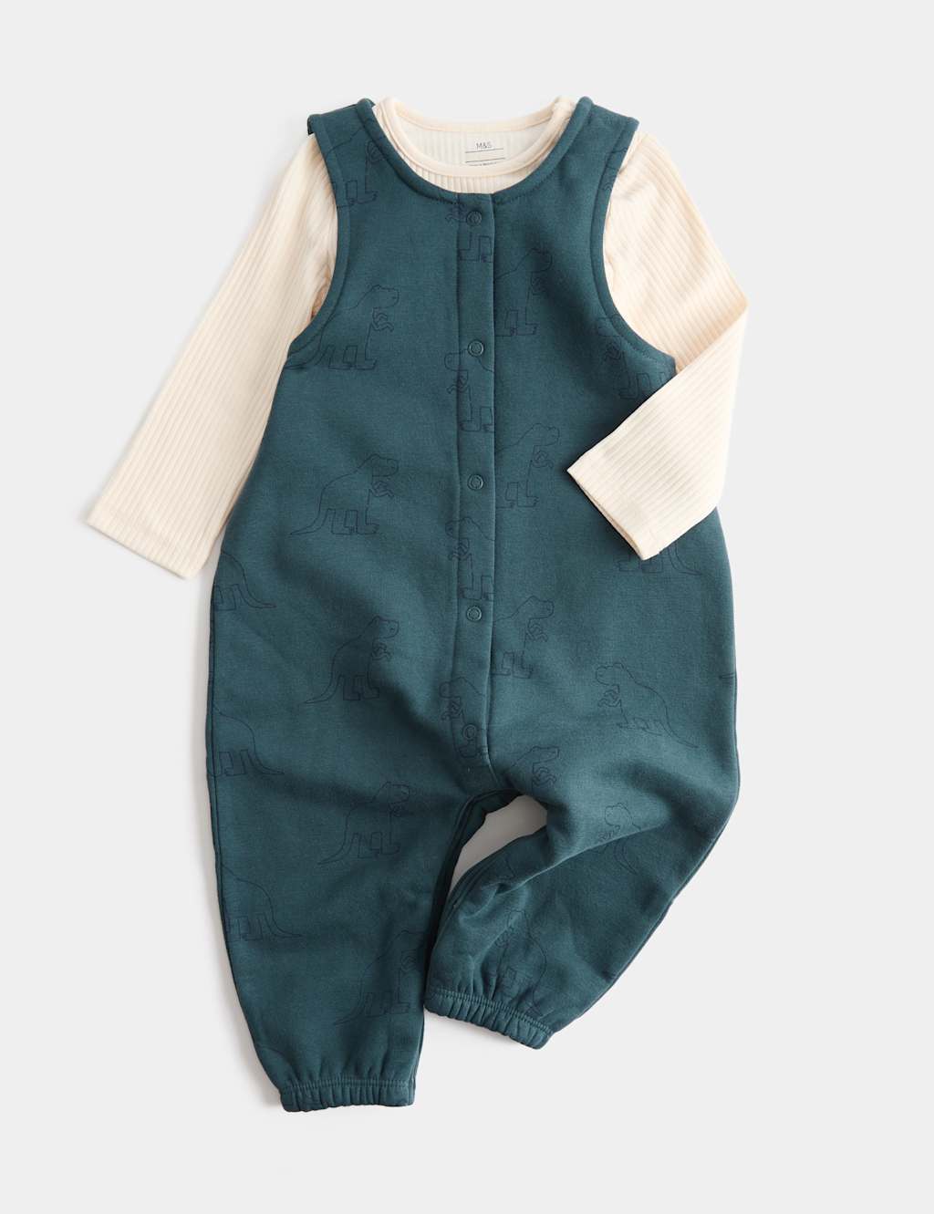 M&S Boys Cotton Rich Dino Dungarees Outfit (0-3 Yrs) - 6-9 Months - Blue